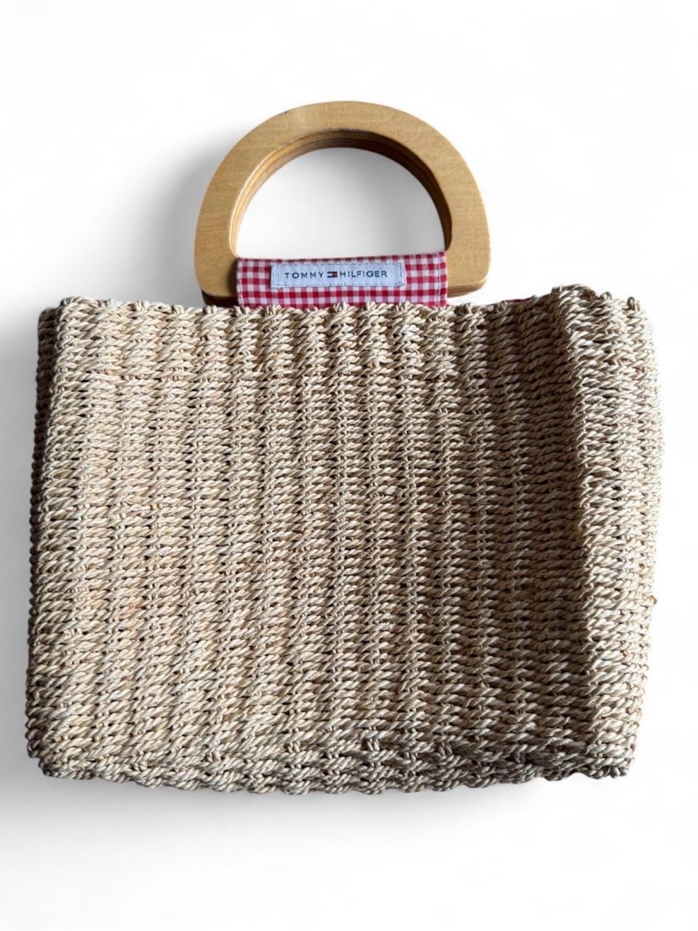 Vintage Tommy Hilfiger Natural Straw Tote with Wooden Handles & gingham interior